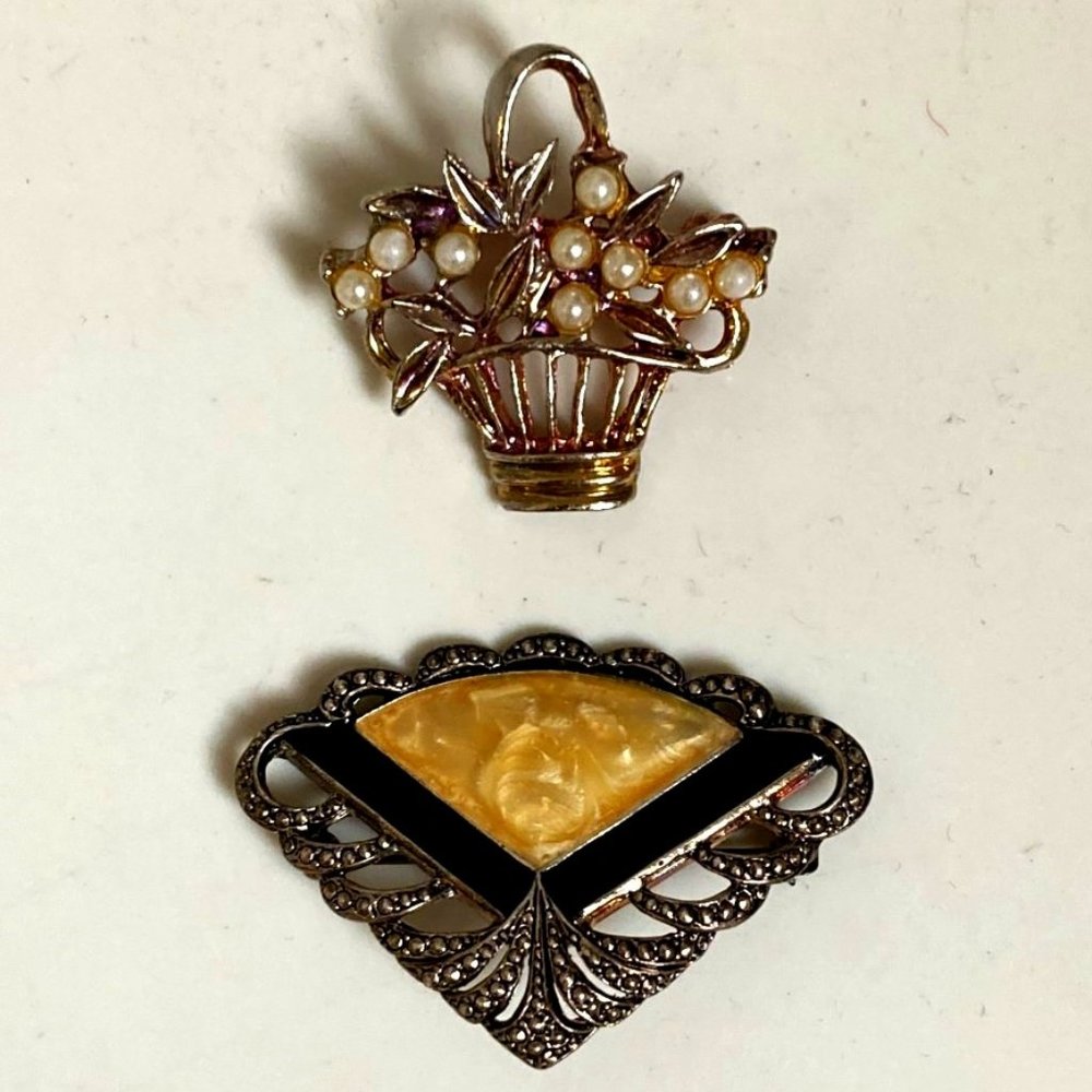 Duo of vintage brooches: Avon enamel & marcasite and Basket of pearl bounty